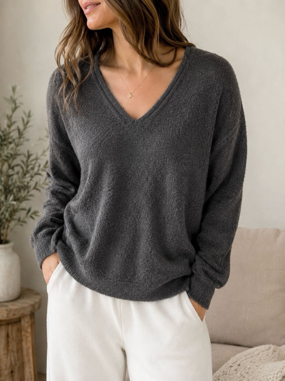 Barefoot Dreams CozyChic Lite V Neck Sweater Gray Petite Medium Soft Lounge